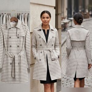 Striped Trench Coat Double Breasted Belted Midi Women's Spring Coat